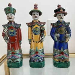Trio Of Chinese Qing Emperor Statues 12.5” Marked