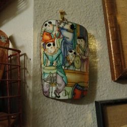 Handpainted Chinese Porcelain Silver Rim Backed Wall Hanging 