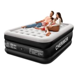 Queen Air Mattress, 18" Raised Comfort Inflatable Bed with Built-in Pump 3-Min Inflation Upgraded Honeycomb Pillar Design 48Hr Leak-Proof Test Suppor 