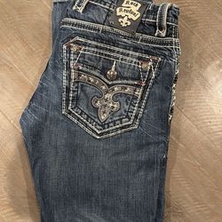 Men’s Rock Revival Jeans Teal Blue Straight 34”