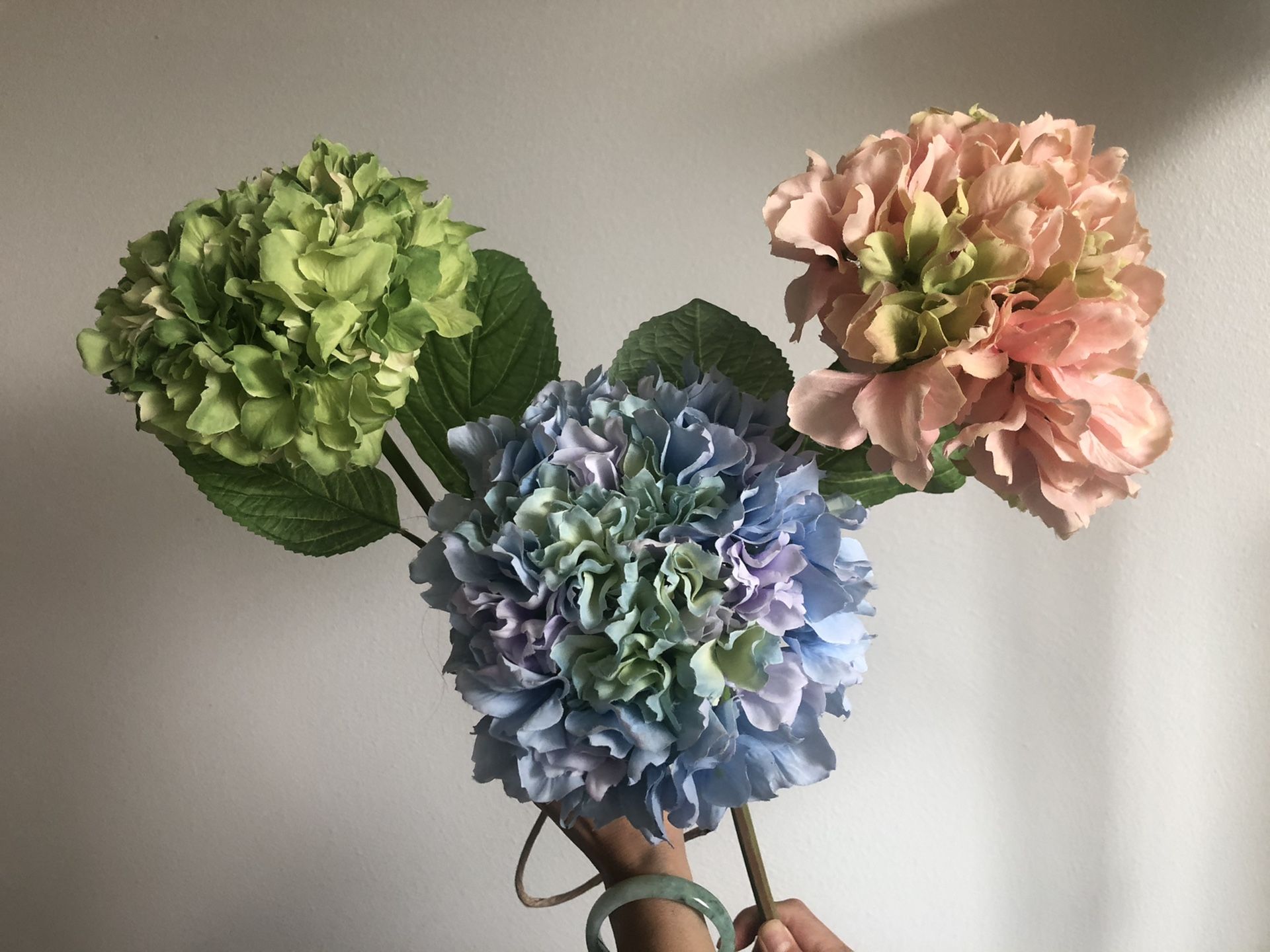 Three faux flowers hydrangea colorful tall