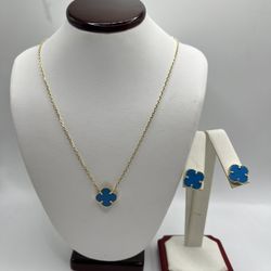 Van Cleef Aretes Y Cadena Azul Oro 14k 