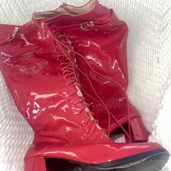 Cherry Red Lace Up Heeled Boots
