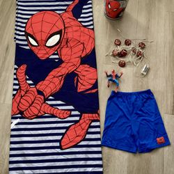 Spider-Man Spiderman Marvel Lot Kids Bathroom Decor Shower Curtain Trash Garbage Can LED String Lights Action Figure 