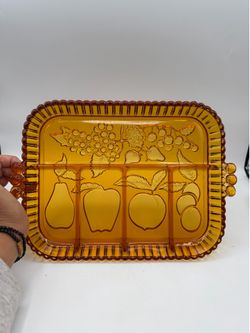 Indiana Glass Amber Divided 5 Part Relish Serving Dish Tray Fruit Design
