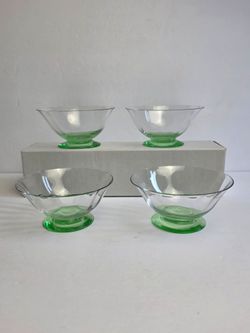 Uranium Depression Glass Green Sherbet Ice Cream Bowls Glass Glows - Lot of 4