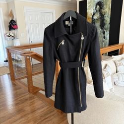 Michael Kors Black Belted Wool Coat – Gold Zipper Detail – Size 10