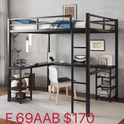 Full Metal Loft Bed with Desk & Six Storage Shelves,Sturdy Metal Bed Frame(69aab)
