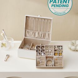 2-Layer Jewelry Box, Jewelry Organizer with Handle, Removable Jewelry Tray, Jewelry Storage, Floating Effect, 8.1 x 9.4 x 4.3 Inches, Gift Idea, White