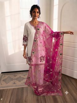 White & pink embroidered kurta set with floral embroidery in maroon and gold #kurta #embroidered
