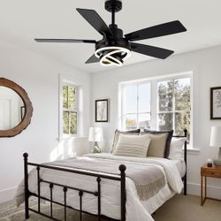 52 in. LED Indoor Black DIY Shade Reversible 6-Speed Ceiling Fan with Lights, Quite Motor Ceiling Fan with Remote