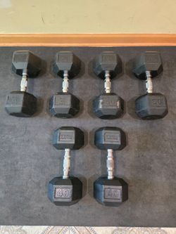 Heavily Used, beat up 40lb, 45lb, 50lb Rubber Hex Dumbbells