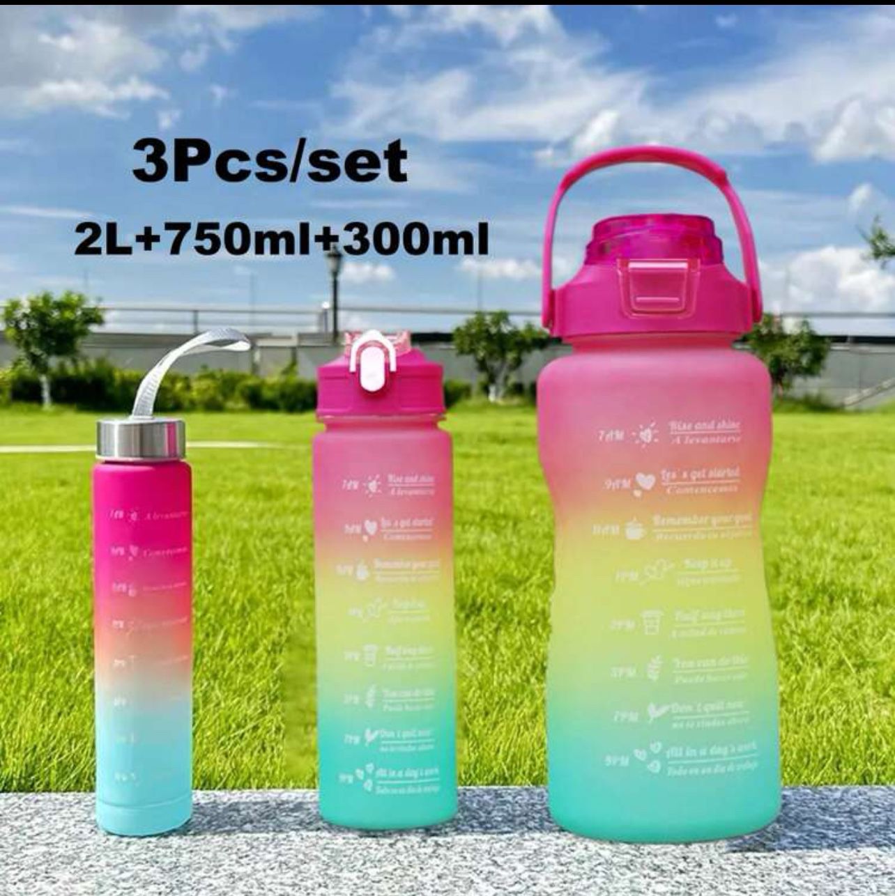 3-color gradient set of water cups, a set of three sizes, outdoor sports plastic water cups, large-capacity insulated sports kettle.