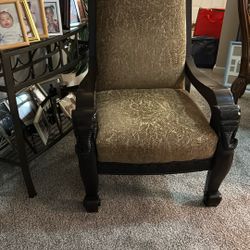 Beautiful Stylish Gold Accent Chair With Deep Brown Sturdy Wooden Borders, Arms And Legs With Exotic Elephant Imprints