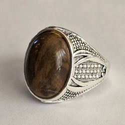 TIGEREYE QUALITY  PATTERNED TITANIUM SILVER MENS SIZE 9 STATEMENT RING