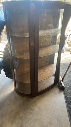 Antique Wood Curved Glass China Cabinet