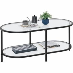 Yaheetech Oval Glass Top 2-Tier Coffee Table Black