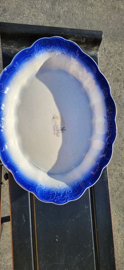 Antique La Francaise Semi-Porcelain Serving Platter – Flow Blue Windmill & Sailboat (15") #8