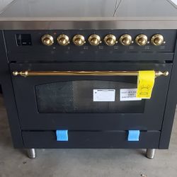 ILVE Nostalgie II 36" Induction Range with Element Stove and Electric Oven in Antique Black with Brass Trim, UPI366NMPAWG