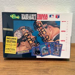 Official Classic MLB trivia board game featuring illustrated catcher artwork and collectible player cards. Includes trivia cards and game pieces for t