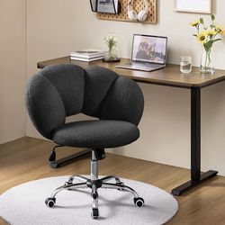 Boucle Upholstered Desk Chair Cloud-Shaped Vanity Chair Adjustable Home Office Computer with Rolling Wheels for Living Room, Bedroom Black