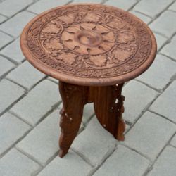 Hand Carved Folding Side Table - Indian Wooden Stool - Plant Stand
