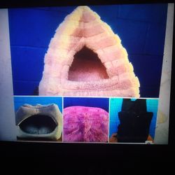 PINK PYRAMID BED $15- GREY  $15- CARPET$5- BACK PACK CARRIER  $10