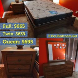 Brand New 6 Pcs Bedroom Set 
Oak Color 
Includes Bed, 1 Night Stand, Dresser, Mirror, Orthopedic Bamboo Matt & Boxspring
Twin: $639
Full: $665
Queen: 