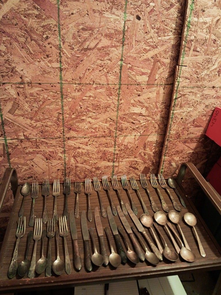 Box Lot Of Thirty Nine Assorted Collectable Silver Plated Silverware Butter Knives Forks Spoons Soup Spoons 