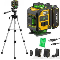 Laser Level with Tripod,Alloyman 4x360° Self Leveling Laser Level,Green Line Laser 4D Laser Leveler Tool with 2Pcs Lithium Batteries for Picture Hangi