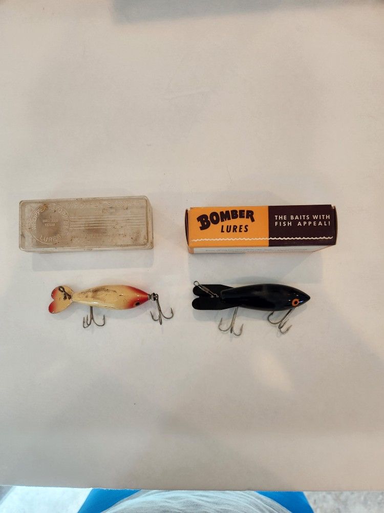 Vintage Fishing Lures, Whopper Stopper, Bomber, original boxes