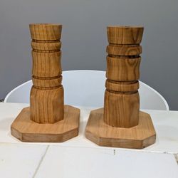 Farmhouse & Boho Style Solid Oak Wood Taper Candle Holders – Rustic Natural Decor Pair