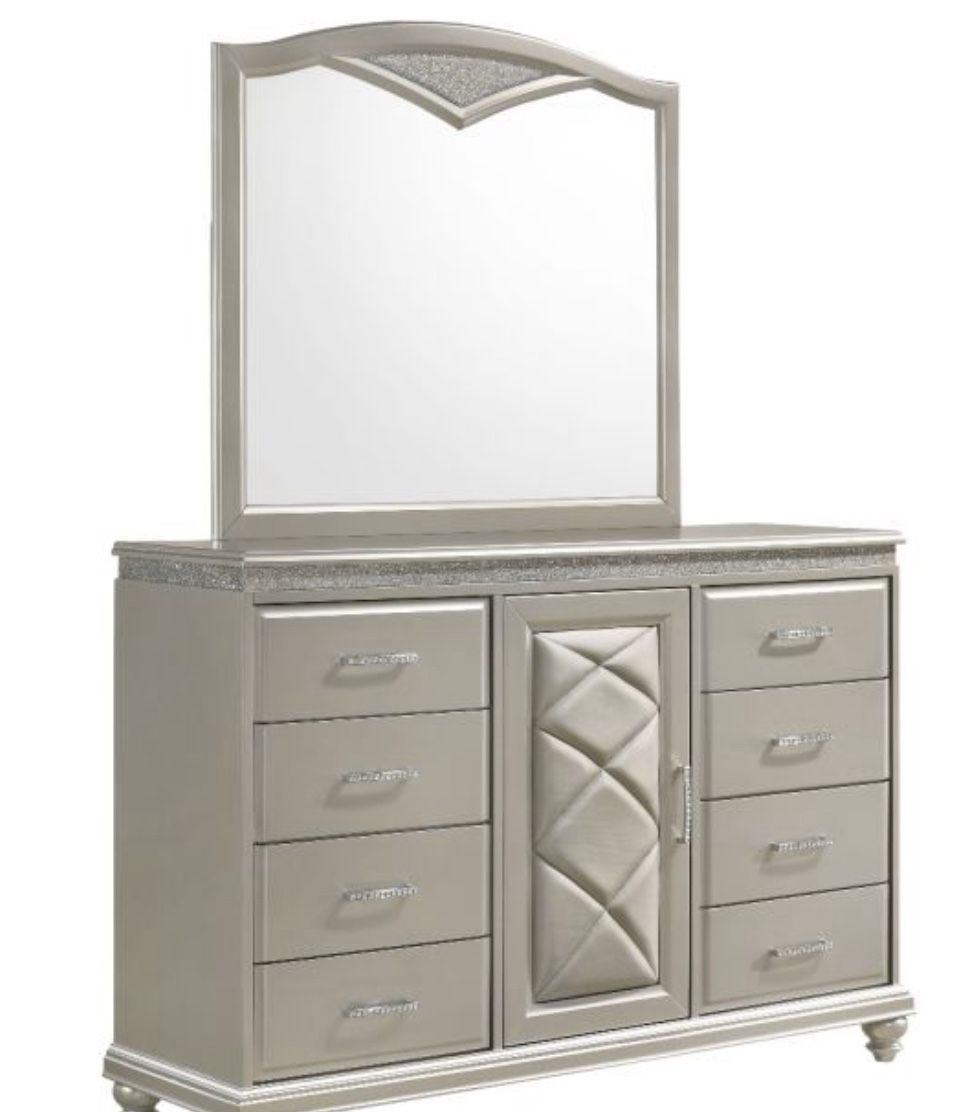 Solid Wood Silver Sparkly 8 Drawer/Cabinet Dresser And Mirror 58” W x 34” H x 16 D Plus Mirror