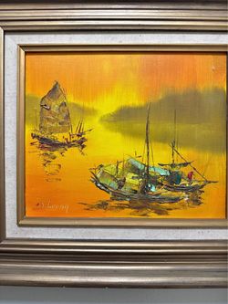 Framed Oil Painting — Boats at Sunset, Ornate Carved Frame, Signed