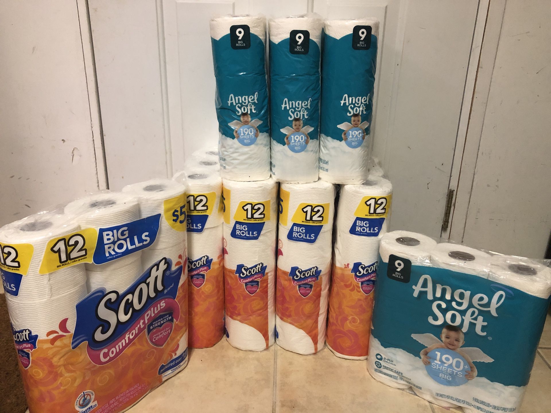 Toilet paper bundle $35 only 5packs scott (12rolls/pack) and 4packs angel soft(9rolls/pack)