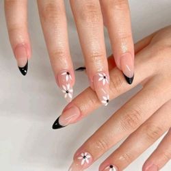 B2G1F 24-pcs. Medium Waterdrop Black French Manicure Press On Nails