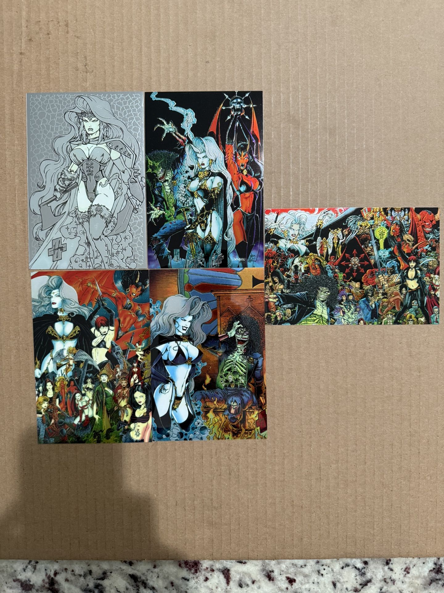 LADY DEATH  RARE CHROMIUM MEGA POSTCARD SHOT CARD SET (#0 1 #0 5)( 6