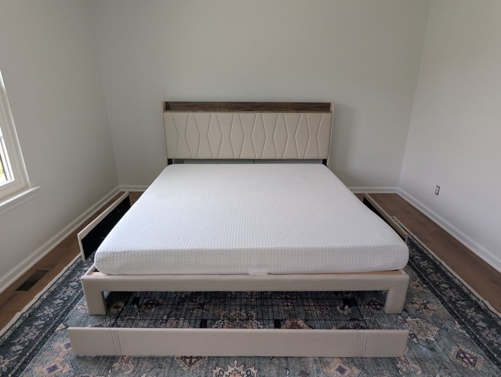 Upholstered Bed Frame with 3 Drawers, Bed with Storage Headboard and Charging Station