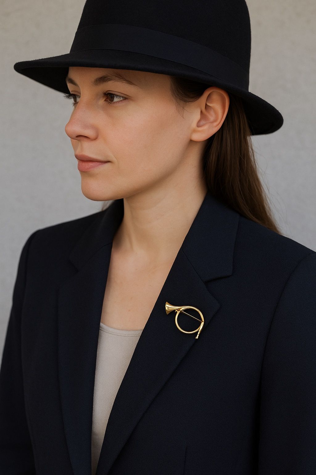 Vintage 1980s Gold-Tone Hunting Horn Brooch, 1.5x1”