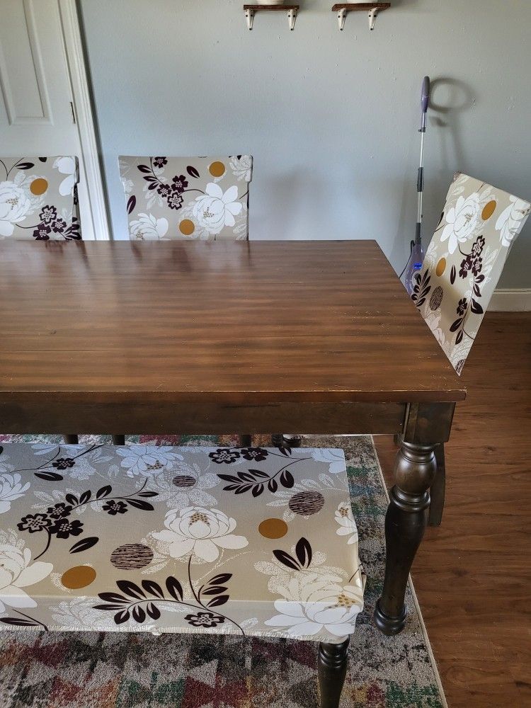 Rectangular Dining Room Table 4 Chairs And Bench With Chair Covers