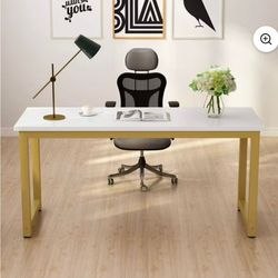 New-in-Box: Tribesigns Computer Desk, 55 inch Large Office Desk Computer Table Study Writing Desk for Home Office, White + Gold Frame