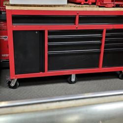 61" MILWAUKEE ROLLING TOOL BOX WITH WOOD TOP AND METAL PEG BOARD 