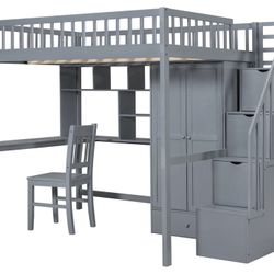 FULL OR TWIN SIZE LOFT BED WITH BUILT-IN DESK, BOOKSHELF, WARDROBE, AND CHAIR