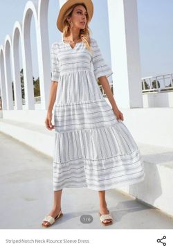 Striped Notch Neck Flounce Sleeve Dress 