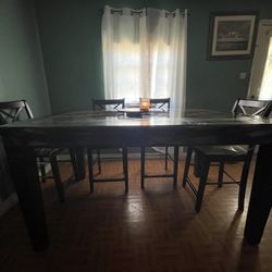 Rectangular Wood Dining Table Set Marble Effect Top Dark Brown Beige 6 Chairs