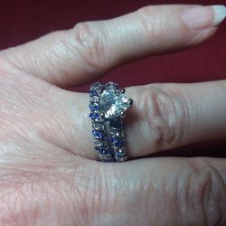 Size 10 Luxury Heart Shaped Stone Engagement Ring & Wedding Band Set With Clear And Blue Crystals 