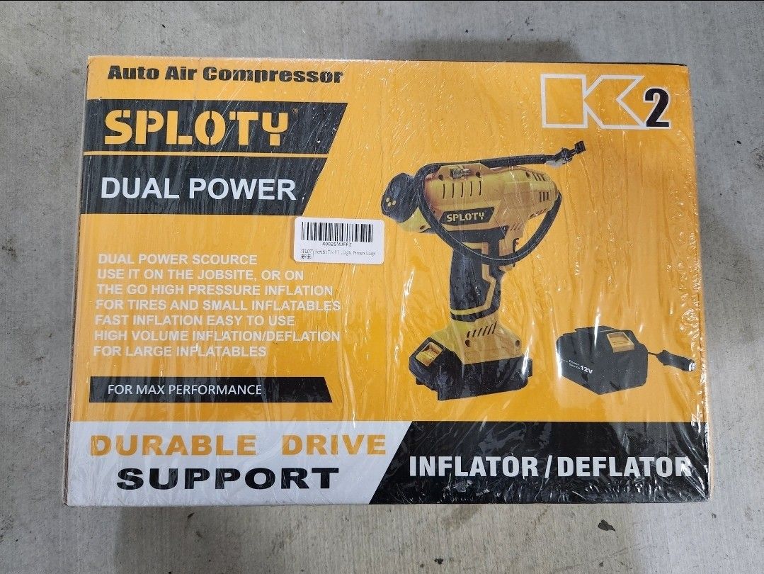 New SPLOTY Cordless Tire Inflator, 11Bar/160Psi/1100Kpa Electric Bike Pump, Dual Power Supply 12V Car Charger Adapter or 20V 2.0Ah Battery Powered Air