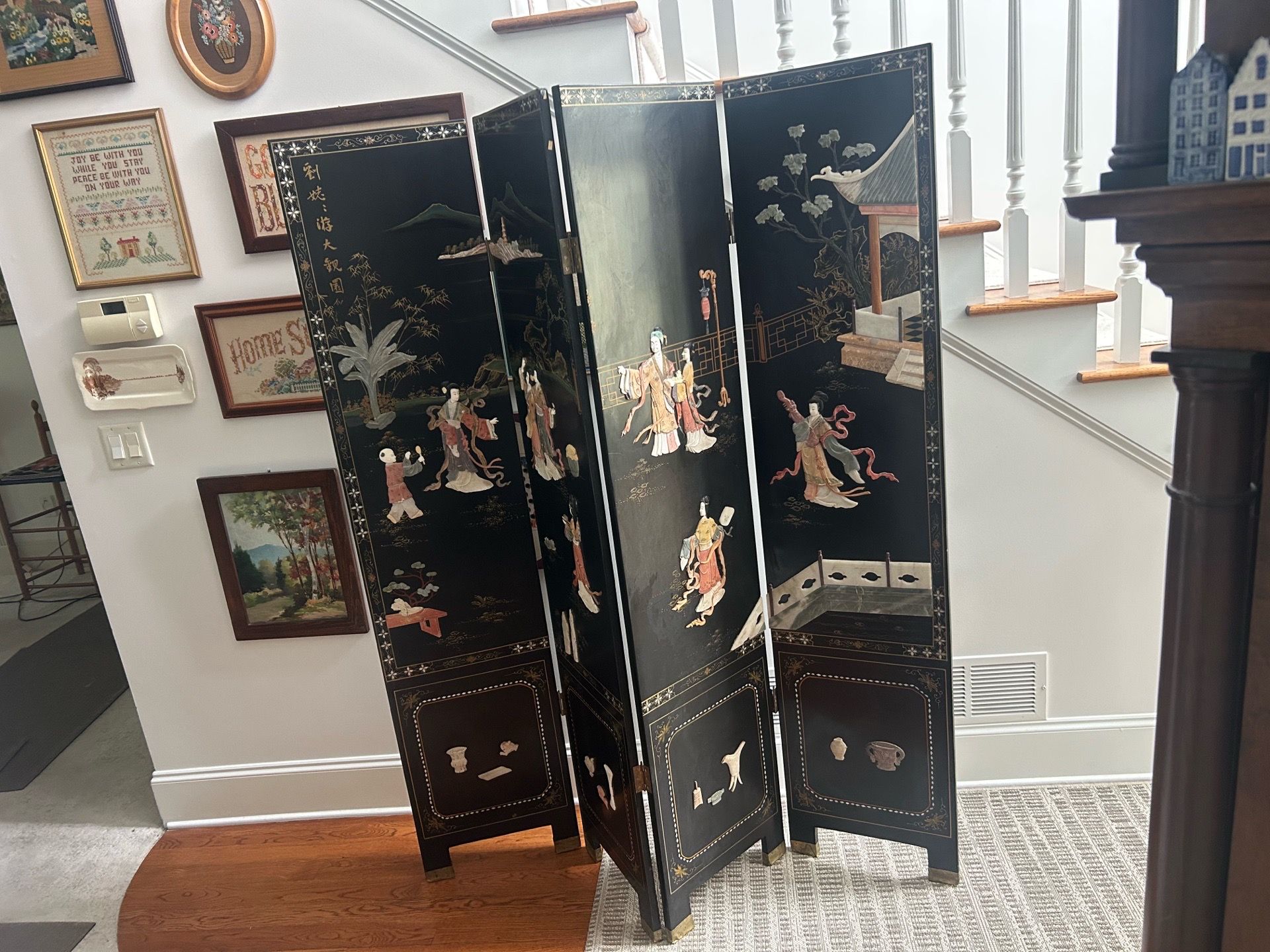 Room Divider Folding Screen Black Chinese HEAVY Details Stone & Inlay