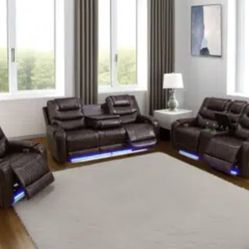 Power Electric Leather Fully Reclining Three Piece Couch Set