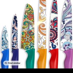 Astercook Paisley Pattern Knife Set with Cover, Dishwasher Safe Colorful Knives with 6 Knife Sheath, German Stainless Steel Rainbow Knife Set